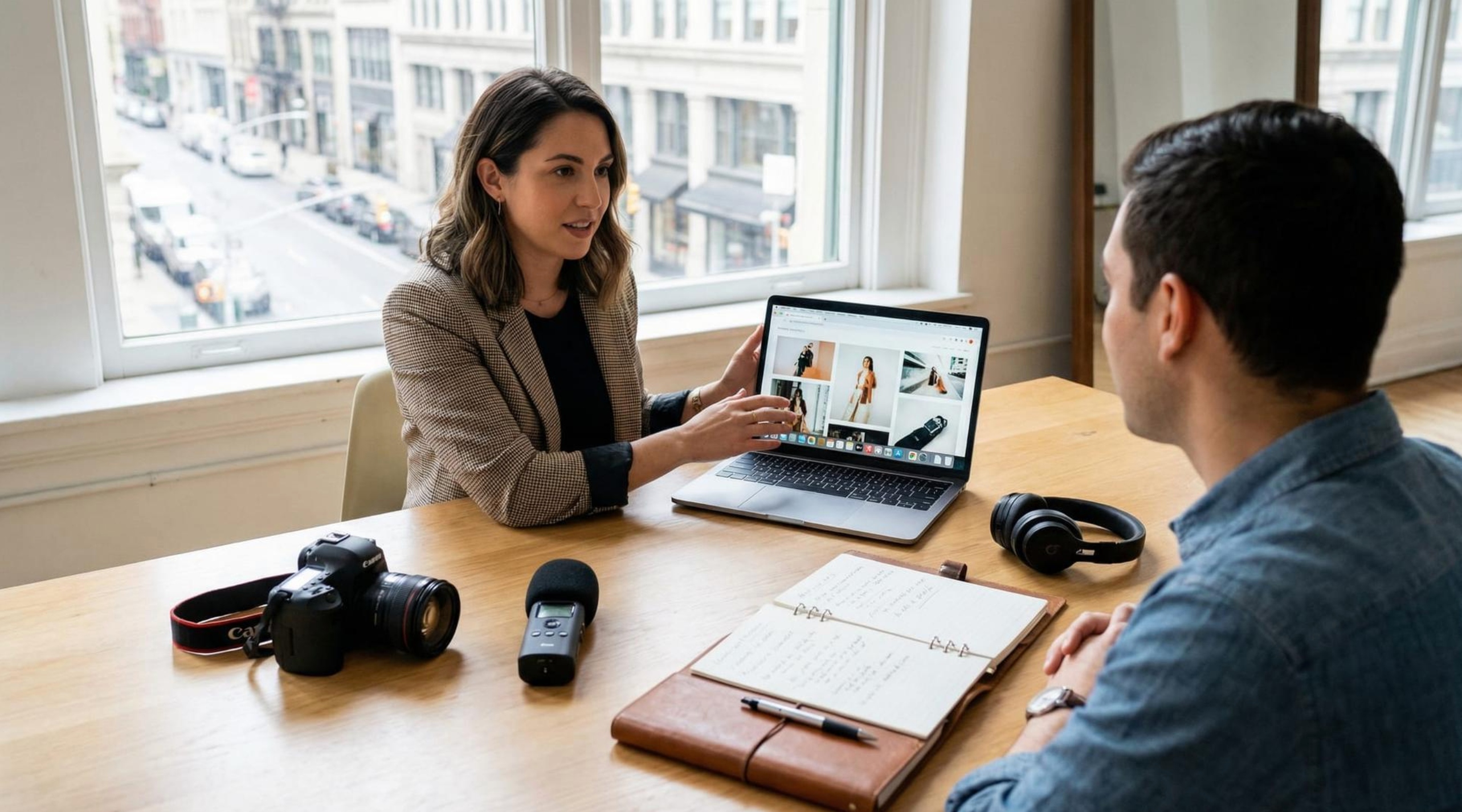 A manager and creator reviewing a campaign portfolio together